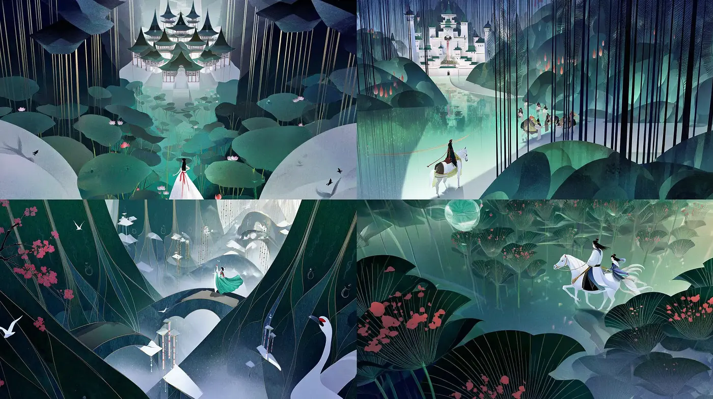 Elegant Yet Dreamlike Illustrations with Lush Natural Elements - Midjourney sref style