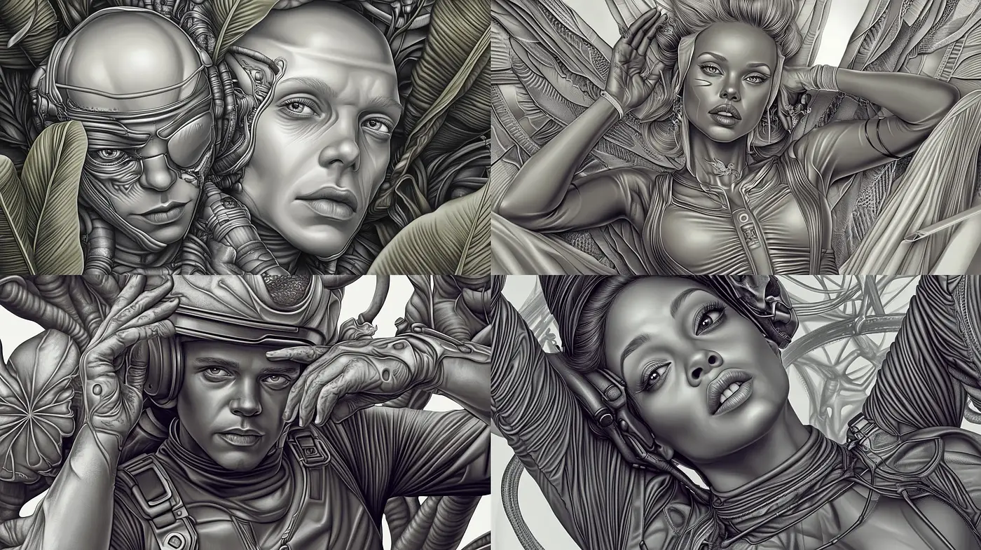 Monochromatic Dreamscape of Surreal Portraiture - Midjourney sref style