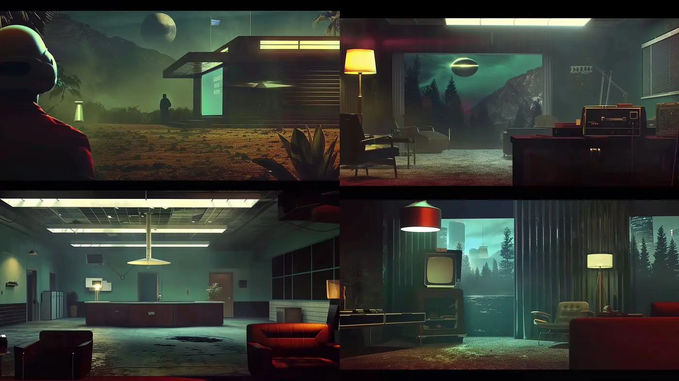 Ethereal Twilight Hues: A Synchronized Palette in Surreal and Retrofuturistic Vignettes - Midjourney sref style