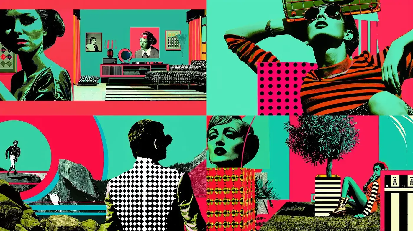 Vivid Retro Pop Art with Geometric Elements and a Playful Mood - Midjourney sref style