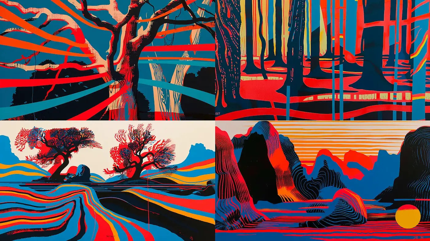 Vibrant and Dynamic Landscape Art with Bold Textures - Midjourney sref style