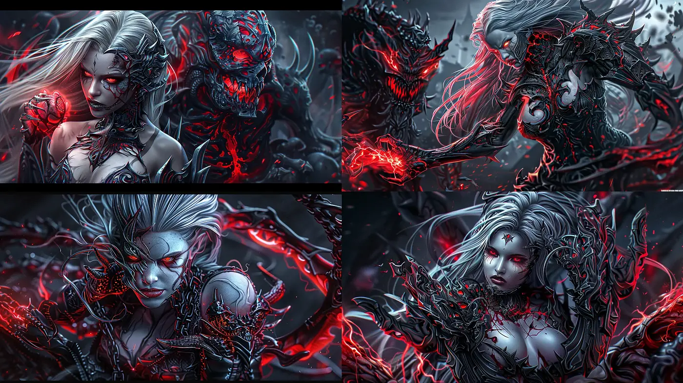 Gothic Fantasy with Contrast of Fiery Crimson and Monochromatic Tones - Midjourney sref style