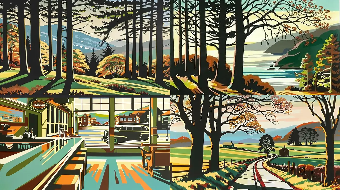 Serene Mid-Century Modern Landscapes and Interiors - Midjourney sref style