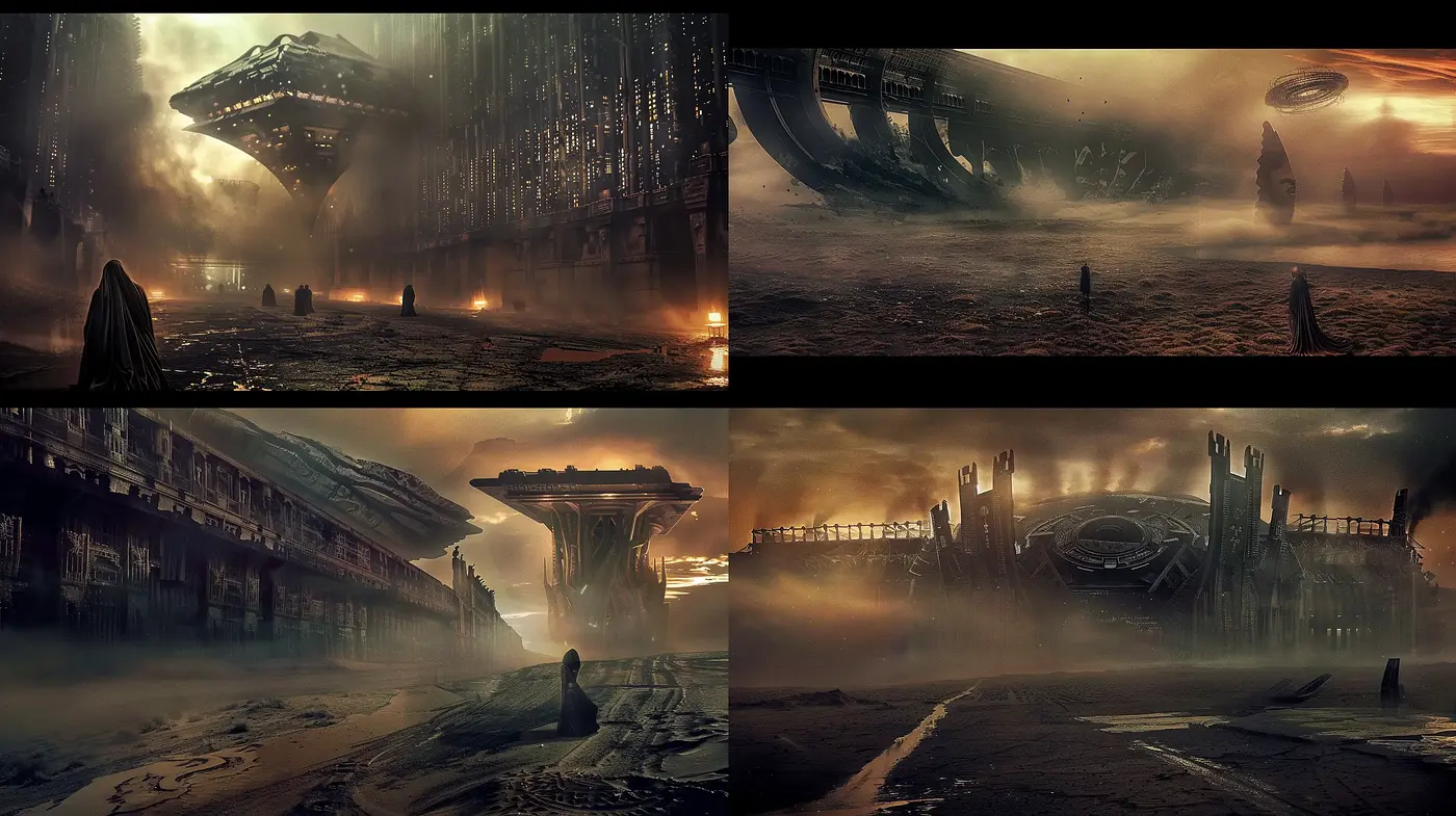 Dusky Apocalyptic Sci-Fi Panorama with Surreal Overtones - Midjourney sref style
