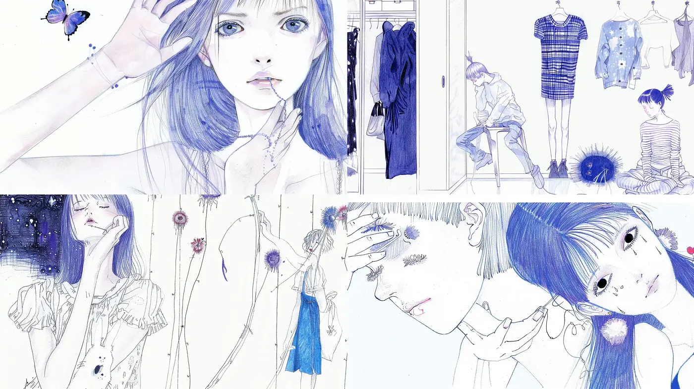 Ethereal Blue Monochromatic Sketches with Watercolor Accents - Midjourney sref style