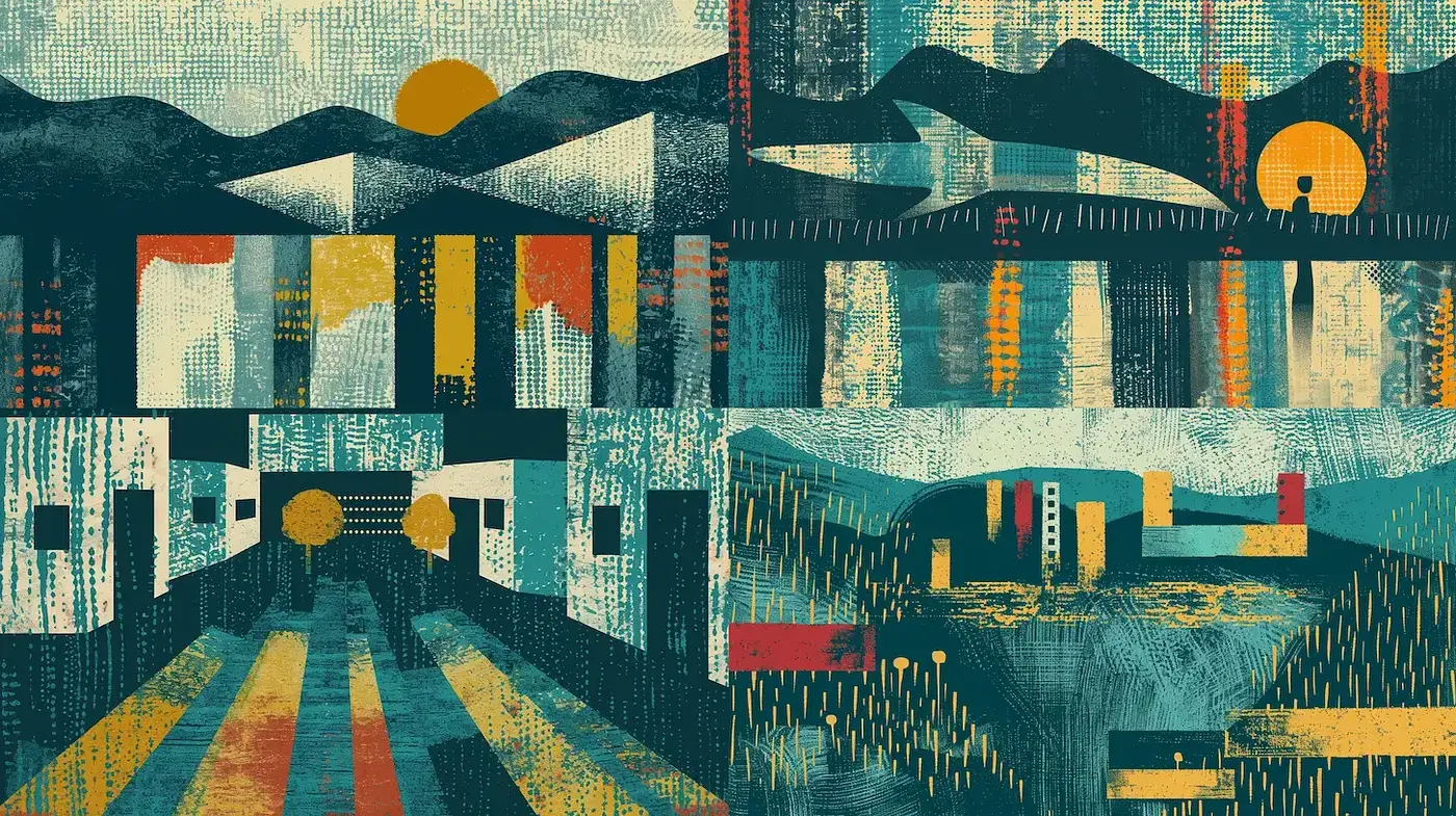 Whimsical Mid-Century Modern Landscape with Bold Geometric Elements - Midjourney sref style
