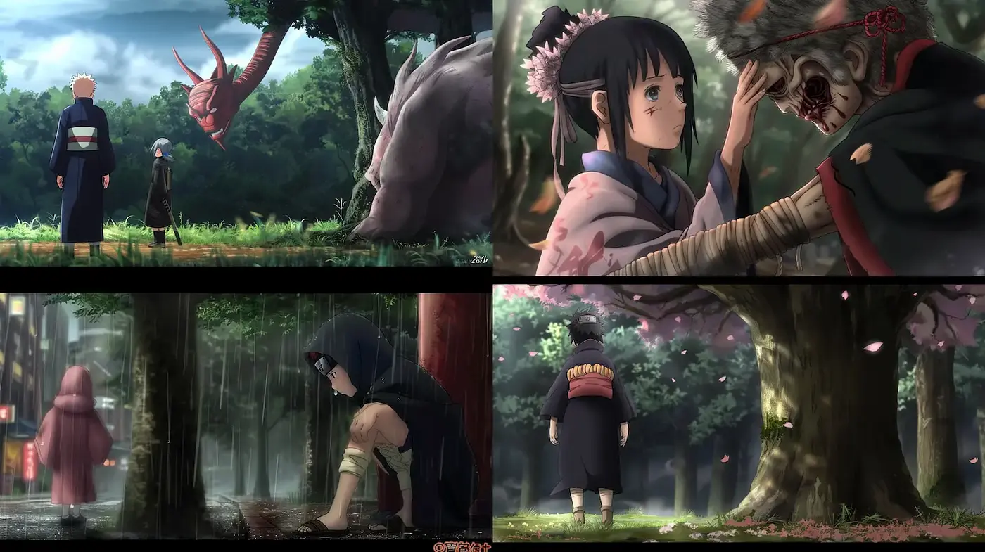 Dynamic and Emotionally Charged Anime-Inspired Illustrations with Natural Elements - Midjourney sref style