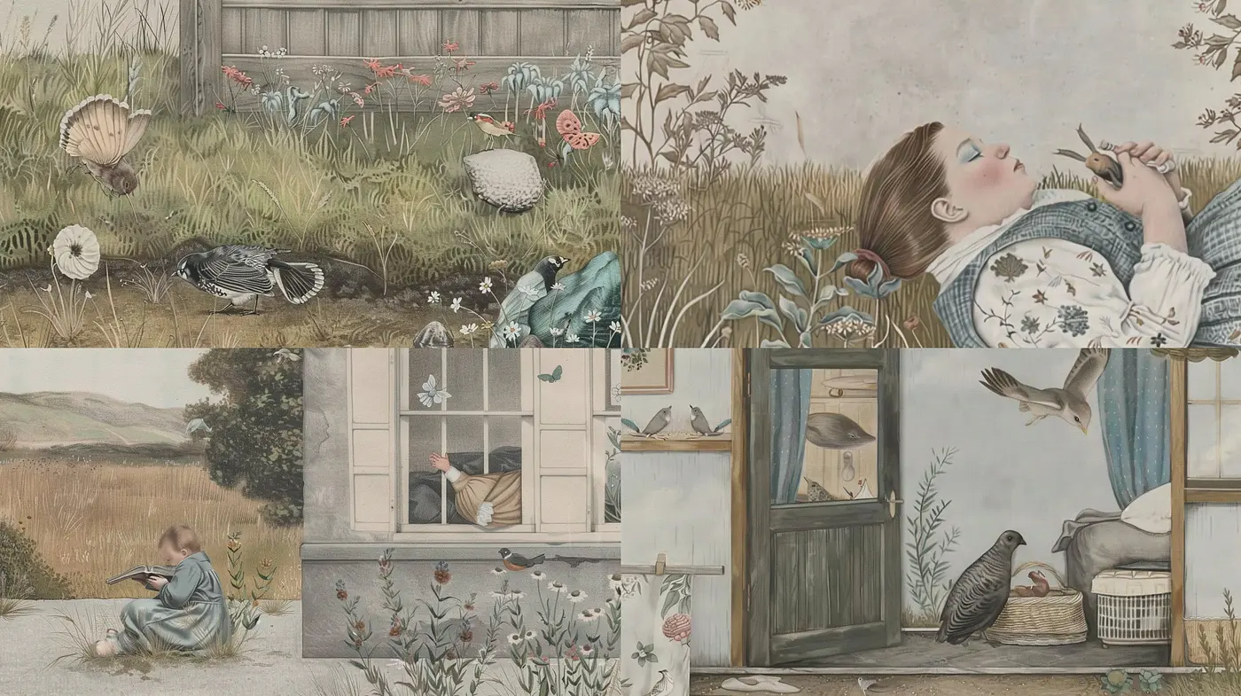Tranquil and Harmonious Nature Vignettes with a Soft Vintage Essence - Midjourney sref style