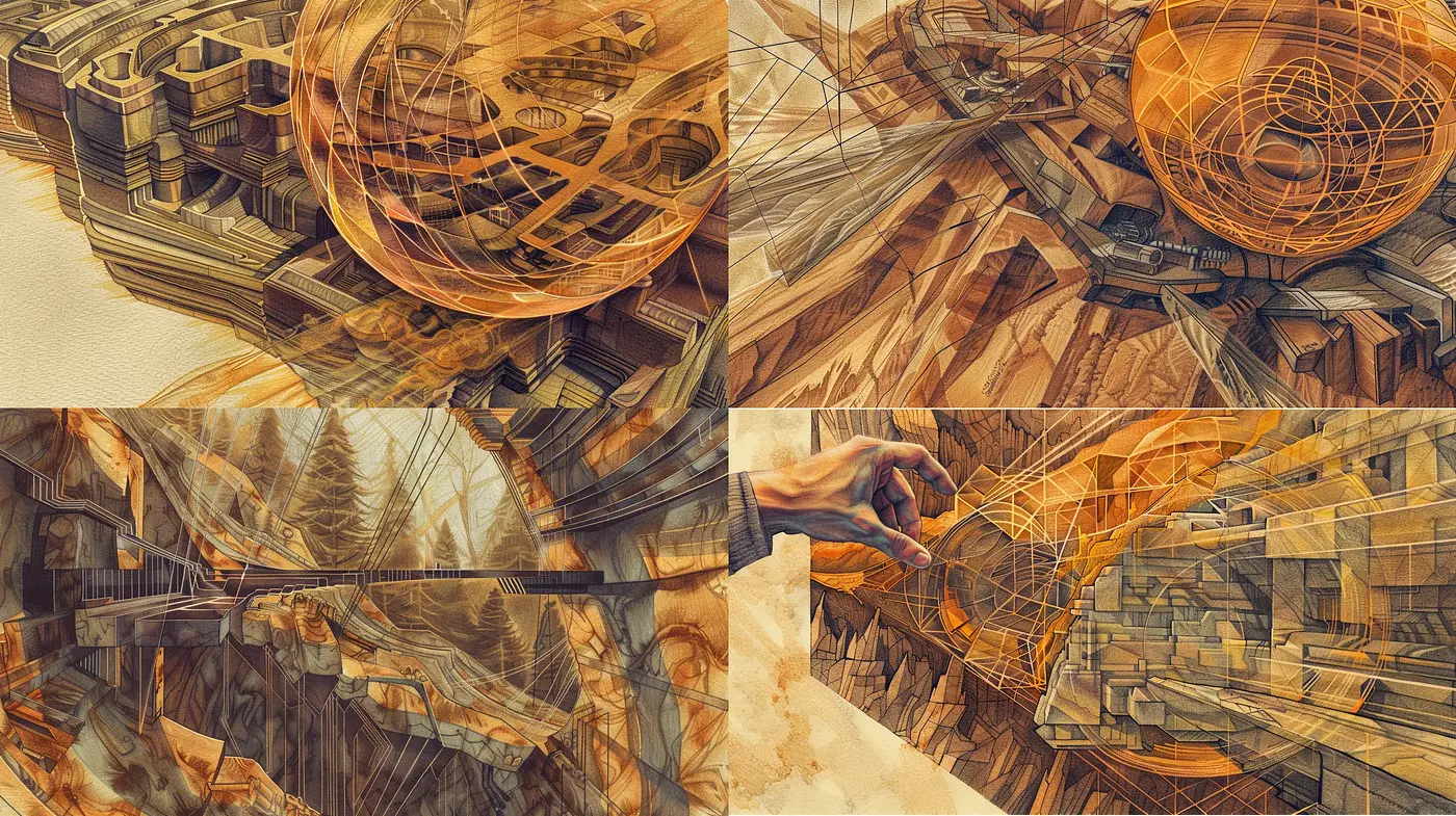 Ornate Geometric Fusion with Warm Sepia Tones and Complex Textures - Midjourney sref style