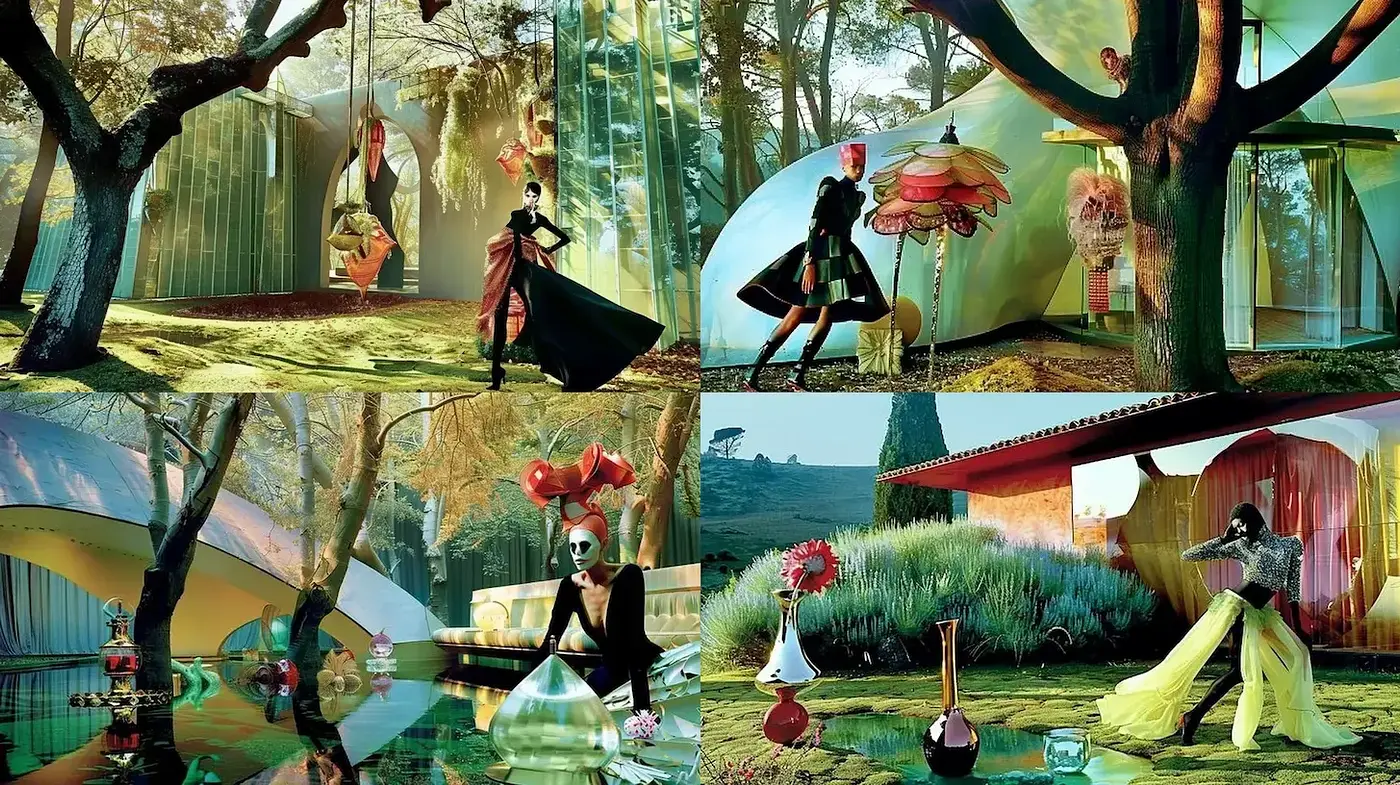 Surrealistic Scene with Futuristic Elements and Nature Integration - Midjourney sref style
