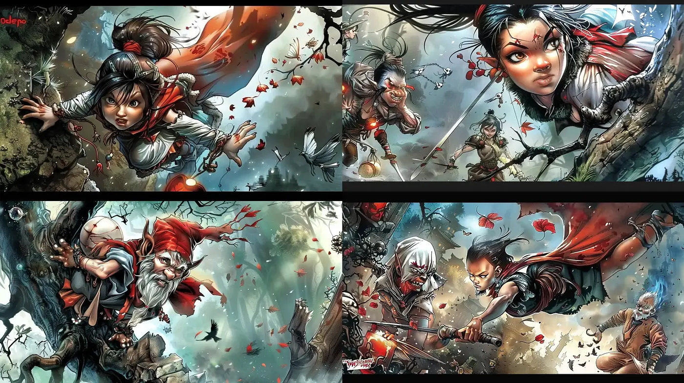 Dynamic Brushwork and Intense Action in a Fantastical Comic-Inspired Tableau - Midjourney sref style