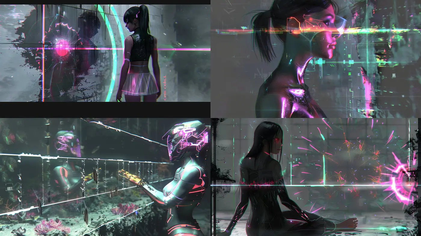 Cybernetic Dreamscape: A Fusion of Neon and Monochrome Textures - Midjourney sref style