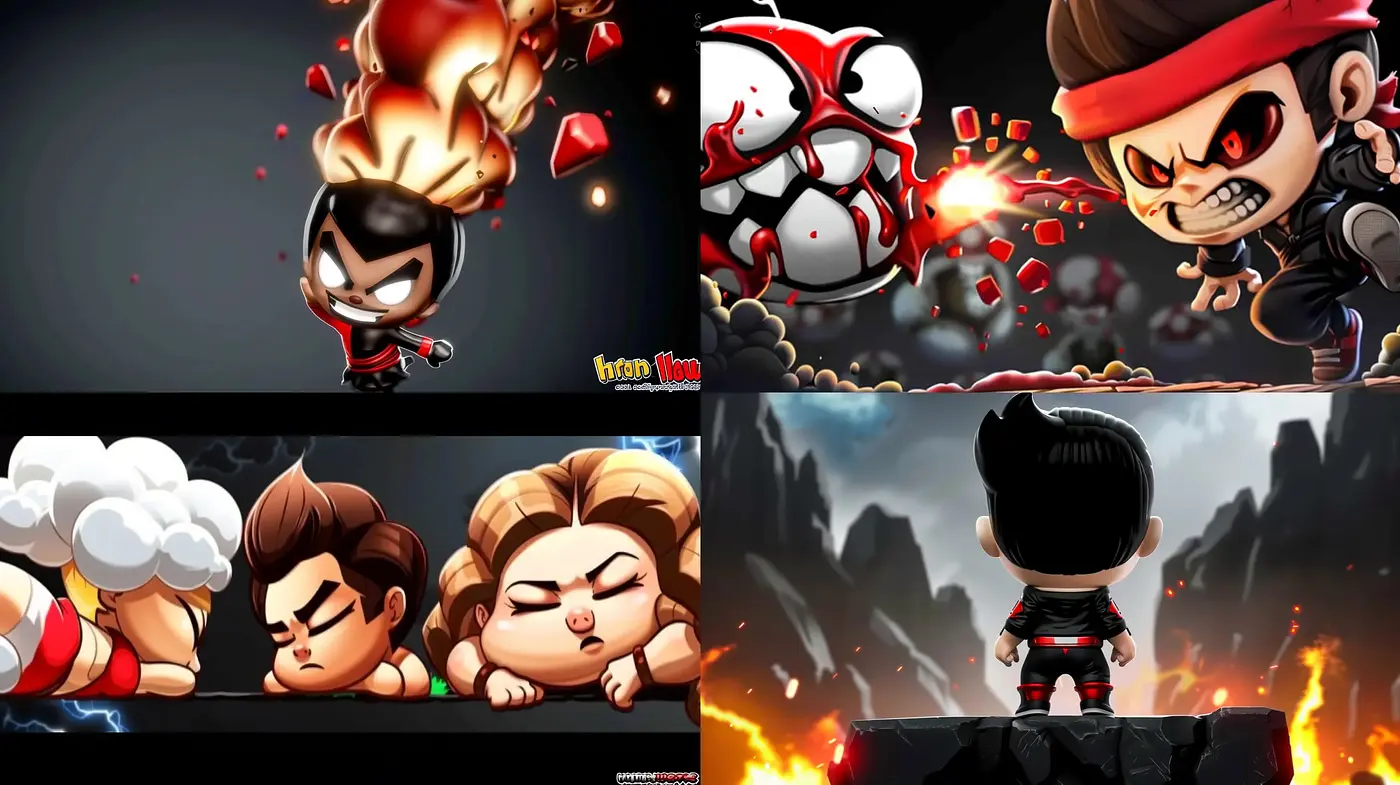 Dynamic Chibi-Inspired Characters Amidst Fiery Scenes - Midjourney sref style
