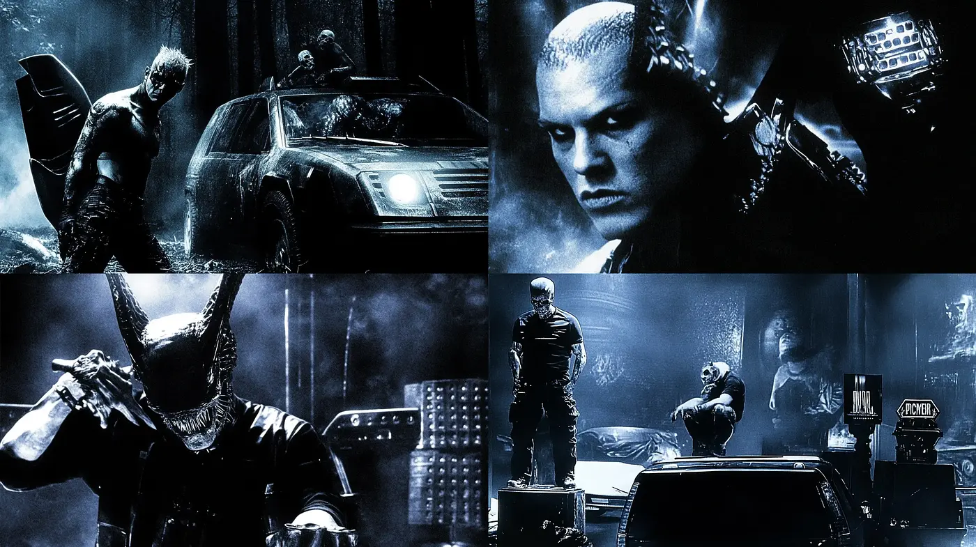 Gritty Cinematic Shadowplay in Monochromatic Blue Tones - Midjourney sref style
