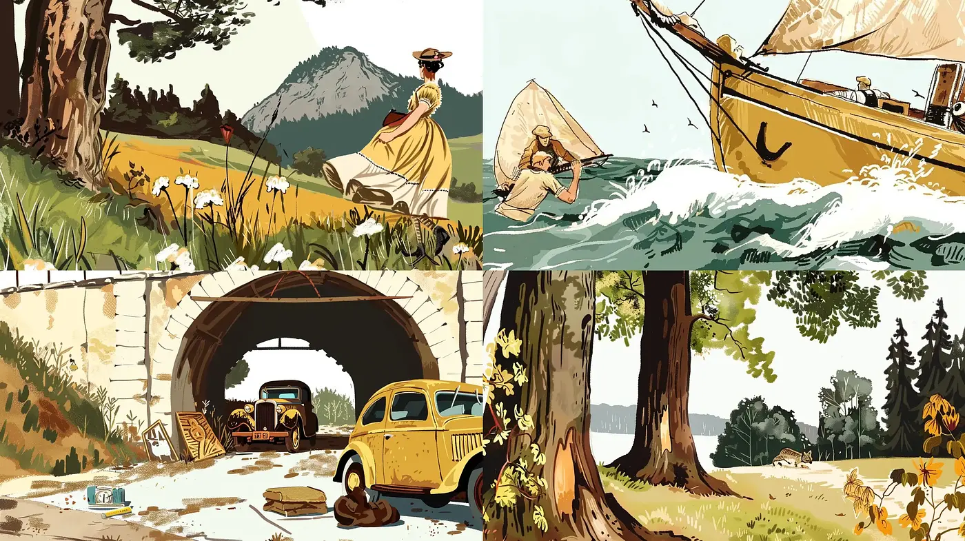 Harmonious Nostalgic Vignettes of Nature and Human Endeavor - Midjourney sref style