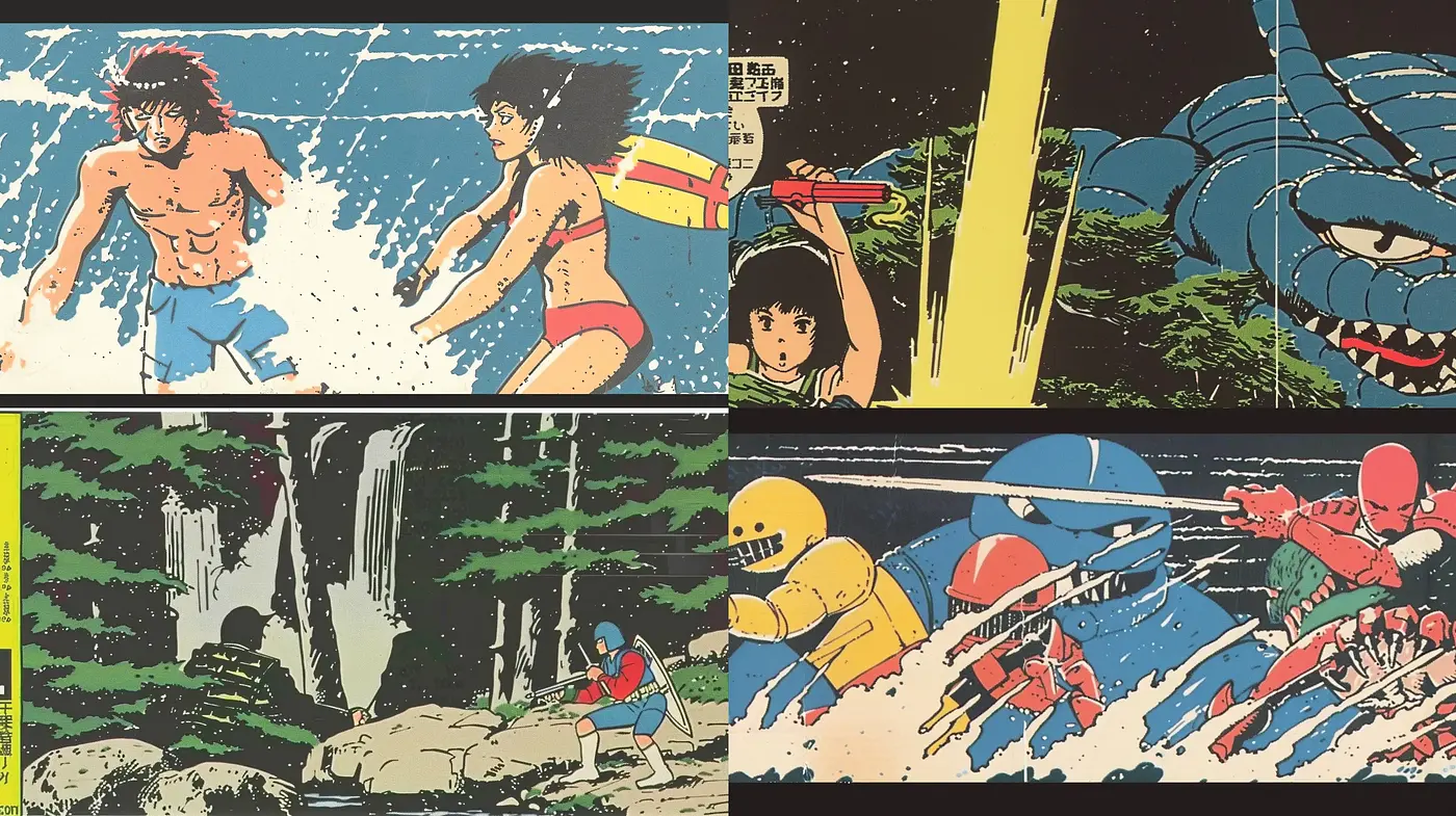 Retro Manga-Inspired Panoramic Scenes with Grainy Textures and Bold Contours - Midjourney sref style