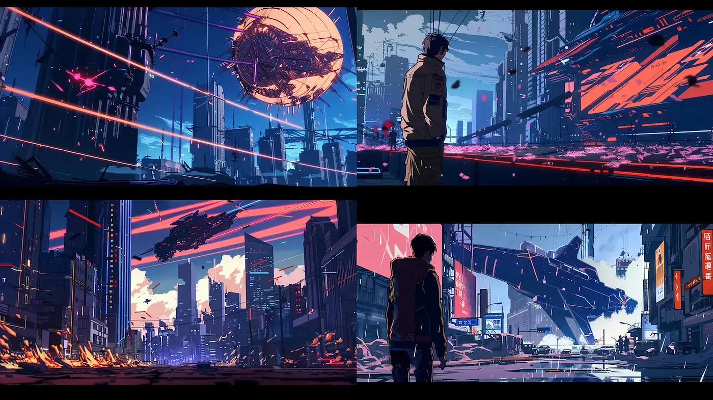 Dynamic Urban Sci-Fi Landscape with High Contrast and Neon Accents - Midjourney sref style