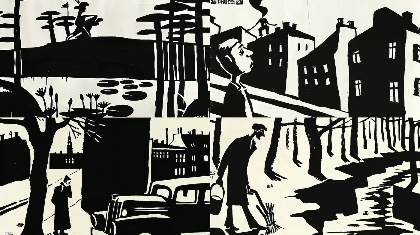Stylized black and white illustrations with a nostalgic urban landscape - Midjourney sref style