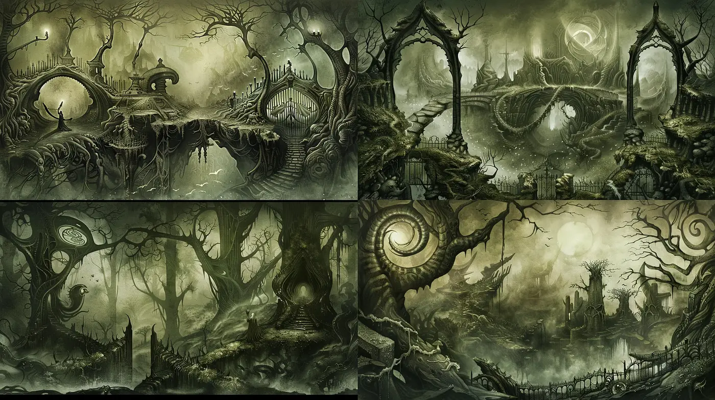 Ethereal Gothic Fantascape in Monochromatic Moonlit Hues - Midjourney sref style