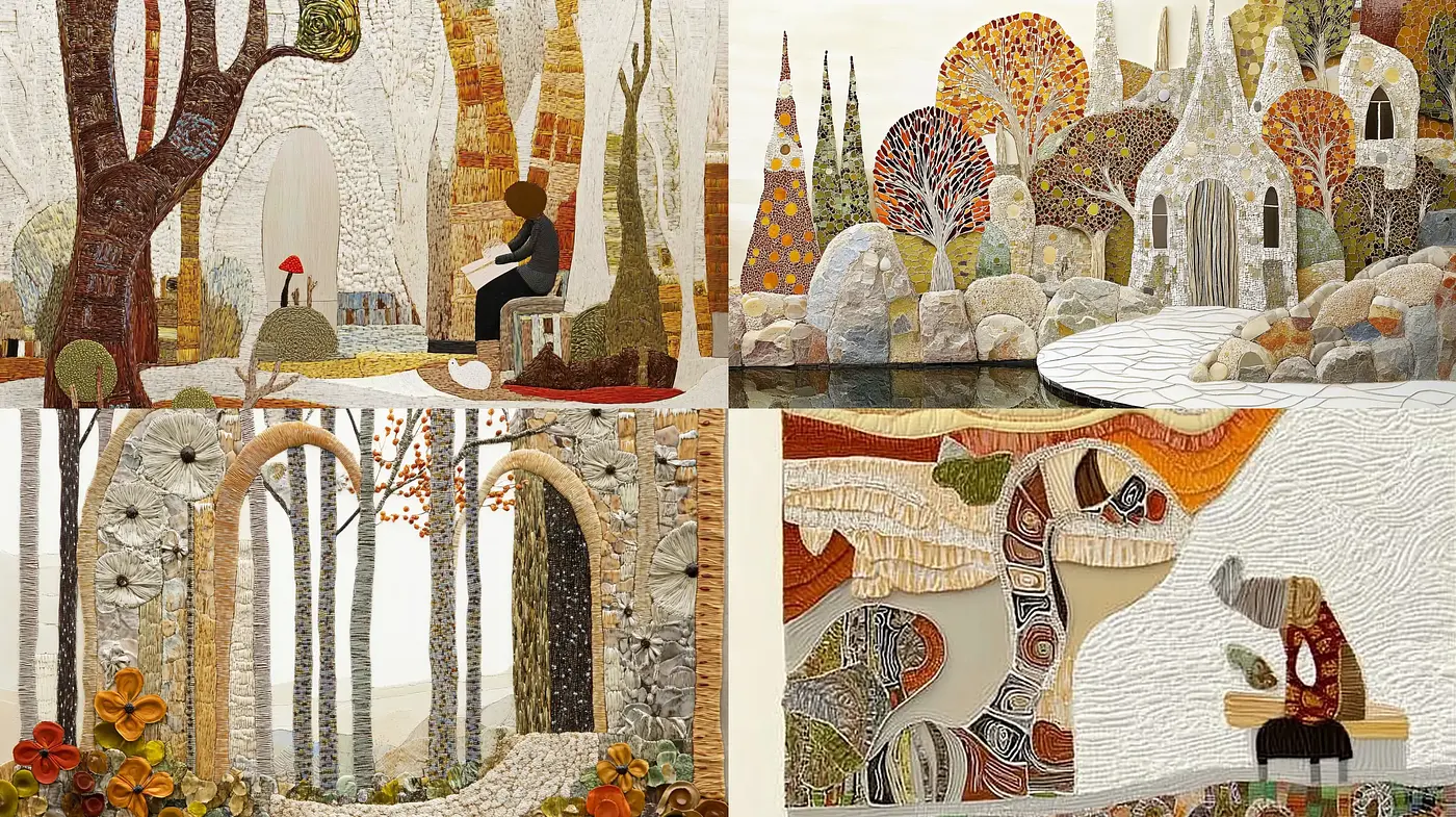 Mosaic Whimsy: A Textured Tapestry of Autumn Hues and Storybook Imaginings - Midjourney sref style