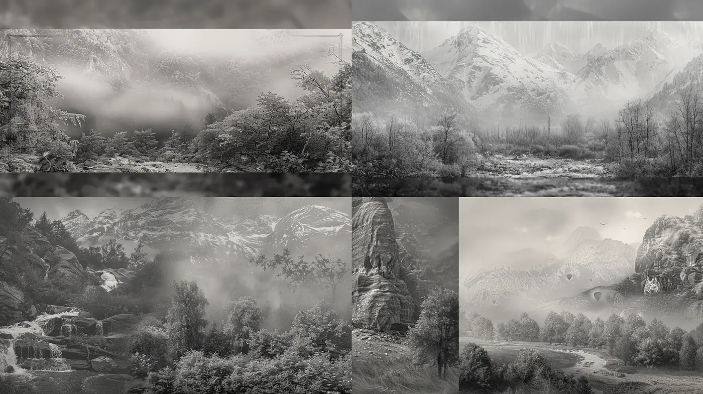 Monochromatic Ethereal Landscapes: A Homage to Ansel Adams’ Mastery of Light and Shadow - Midjourney sref style