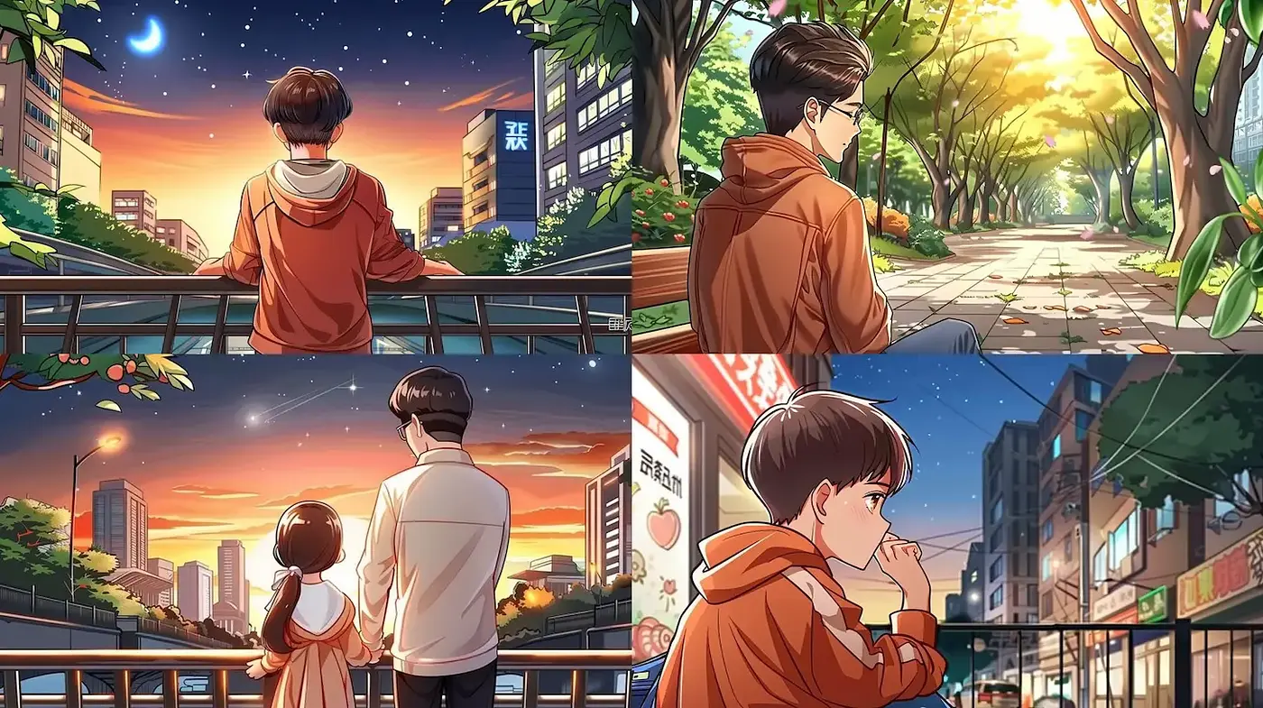 Detailed exploration of urban tranquility through vibrant illustrations in various settings - Midjourney sref style