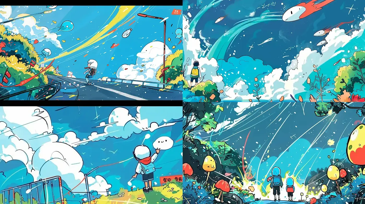 Vibrant, whimsical landscapes with playful elements - Midjourney sref style