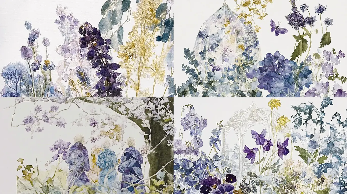 Ephemeral Botanical Watercolors: A Serene Blend of Florals and Pastels - Midjourney sref style