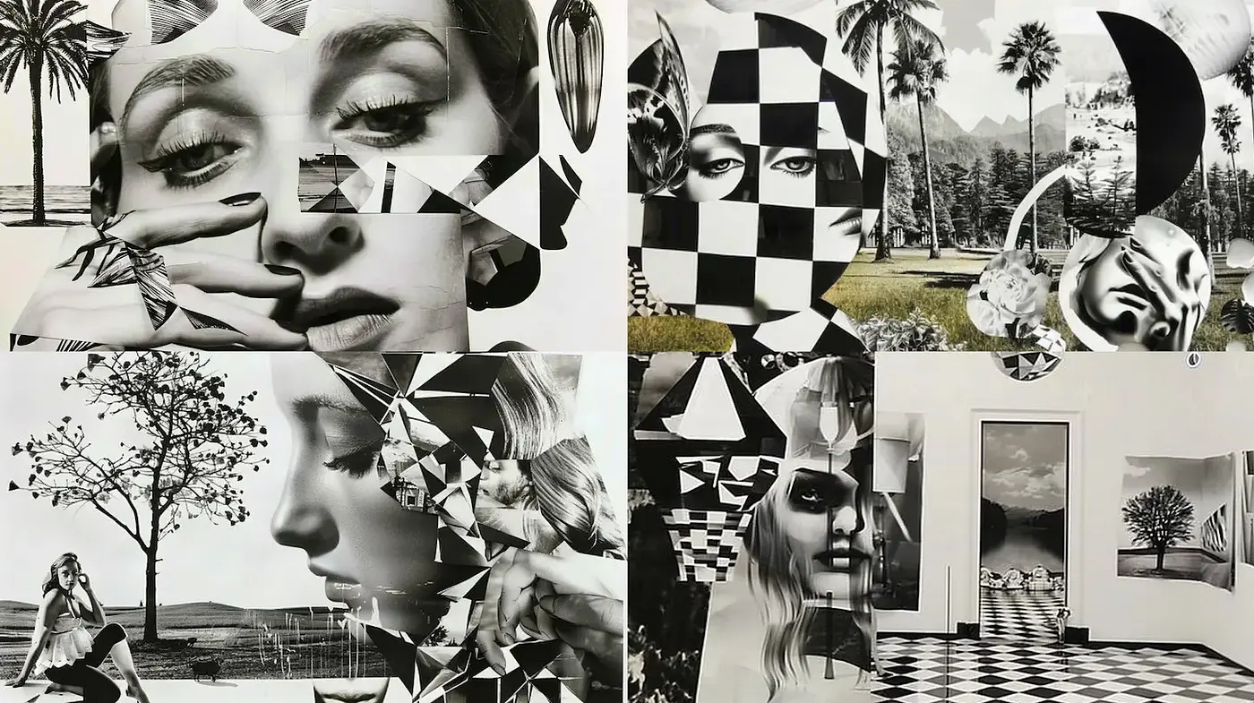 Intricate Black and White Surreal Collage with Geometric Elements - Midjourney sref style