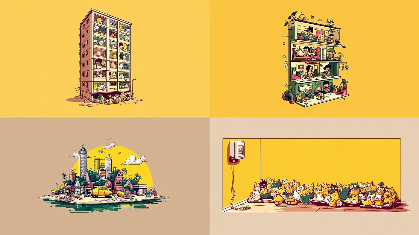 Brightly Colored Whimsical Illustrations with Playful Urban Themes - Midjourney sref style