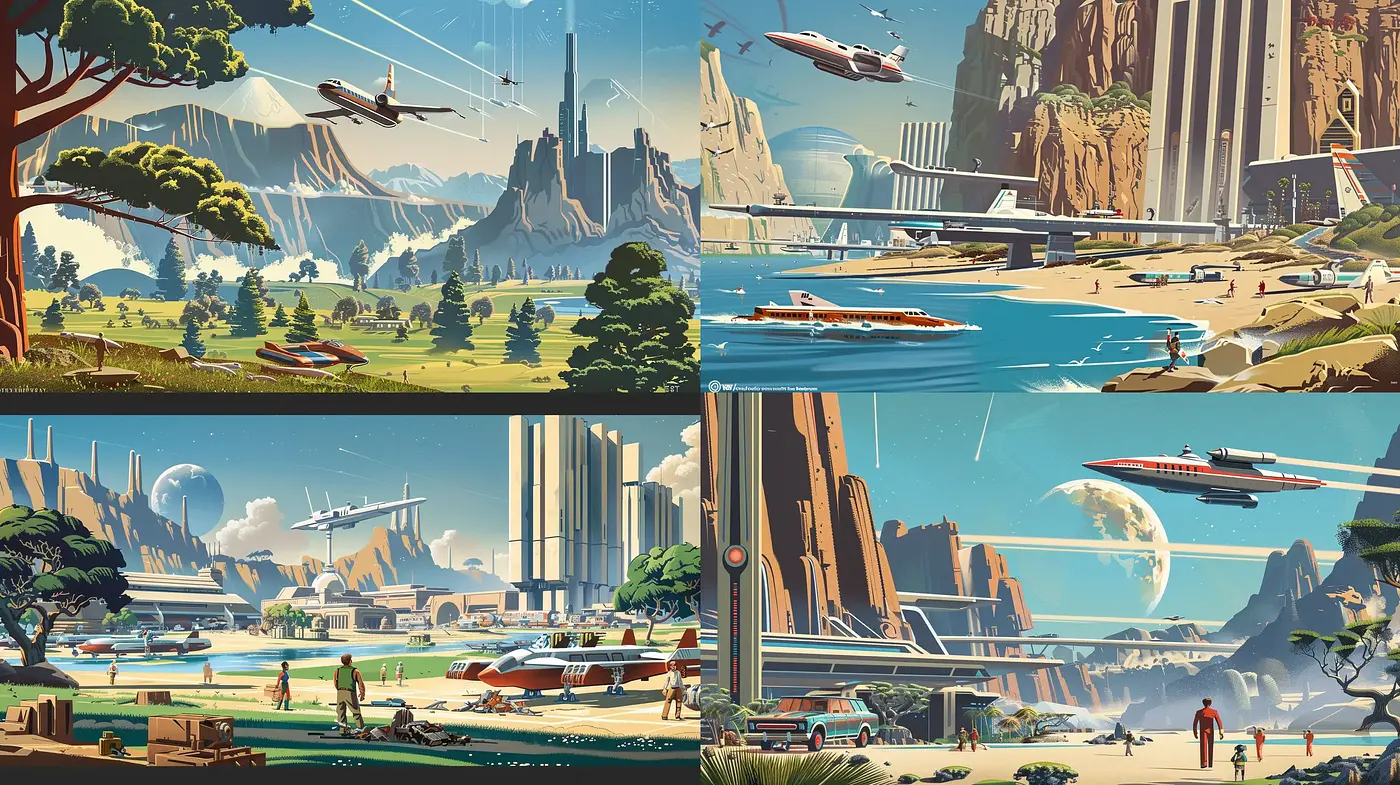 Futuristic Retro Vistas with a Vivid, Mid-Century Modern Illustrative Essence - Midjourney sref style