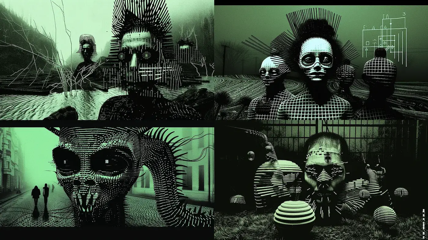 Stylized Surrealism with Digital Aesthetic Elements - Midjourney sref style