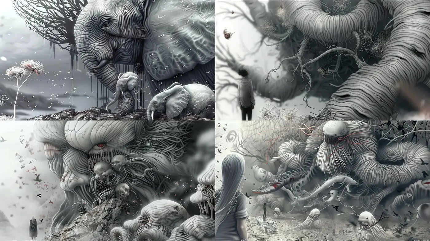 Monochromatic Surrealistic Dreamscape with Organic Forms - Midjourney sref style