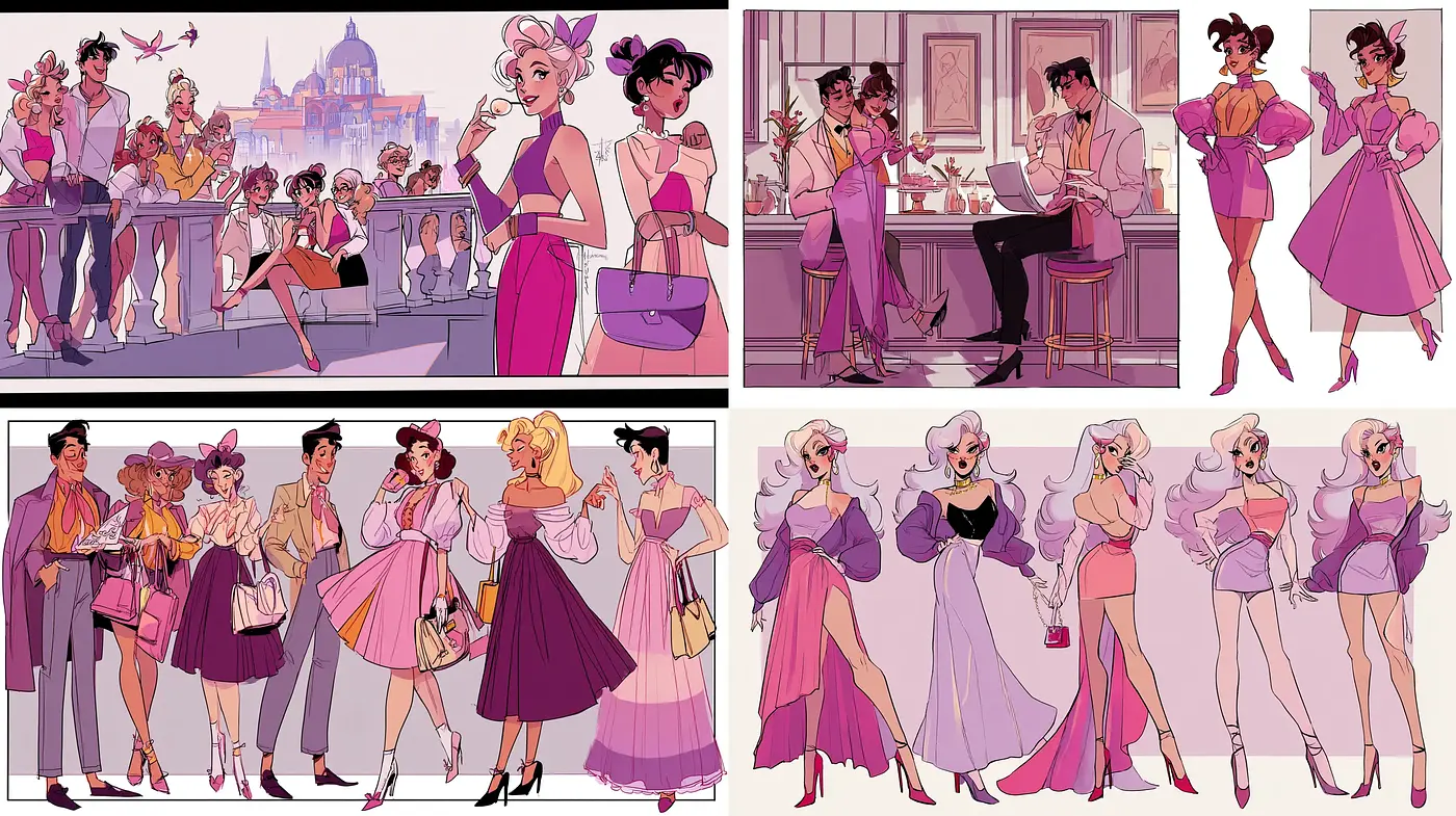 Stylized depictions of fashionable figures with vibrant colors in a contemporary whimsical setting - Midjourney sref style