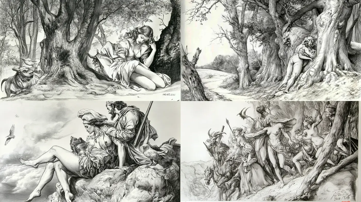 Monochromatic Engraving Style with Romantic Era Influences - Midjourney sref style