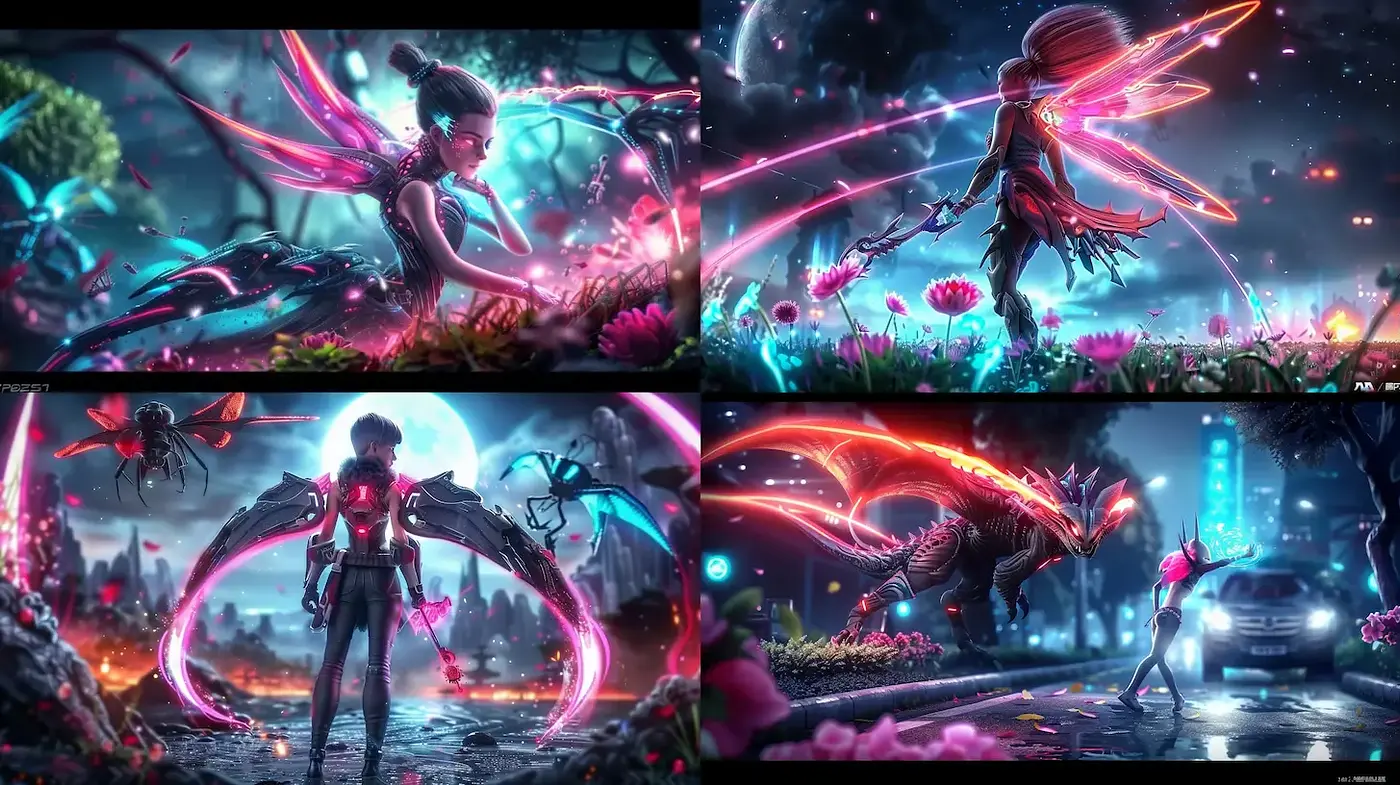 Futuristic and ethereal cyberpunk-inspired visuals with vibrant neon elements - Midjourney sref style