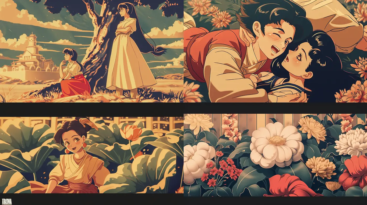 Idyllic Retro Illustrative Essence with a Hint of Anime Elegance - Midjourney sref style
