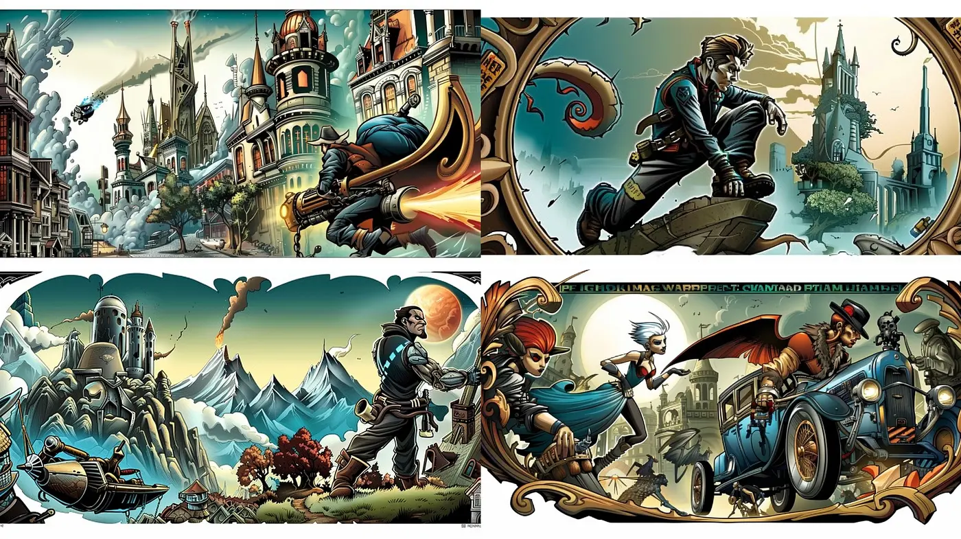 Steampunk Adventure in Vivid Hues: A Homage to Dynamic Sci-Fi Fantasy Art - Midjourney sref style
