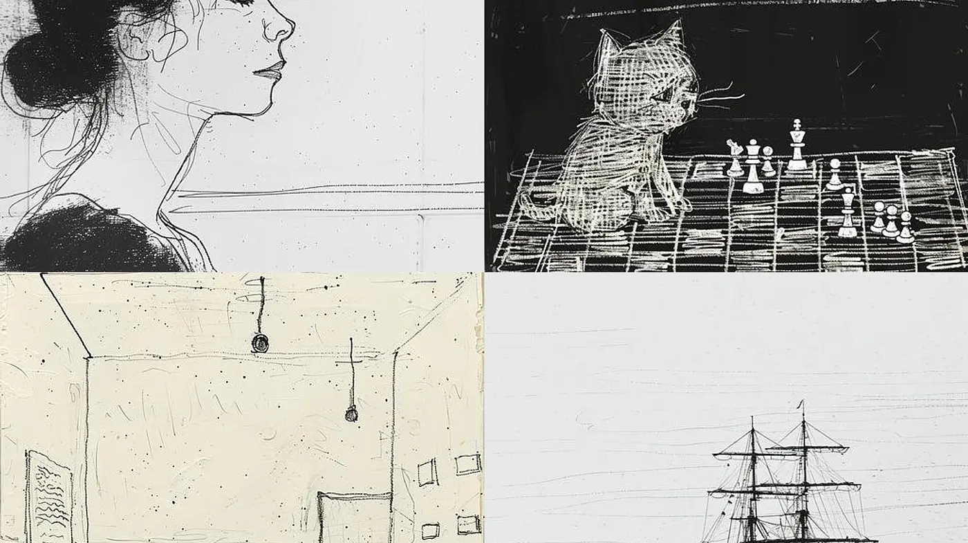 Monochromatic Sketchbook Journey: Embracing the Nostalgic Essence of Line Art - Midjourney sref style