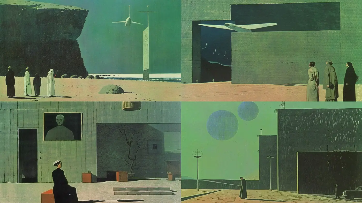 Stilled Time in Surreal Hues: A Homogenized Dreamscape - Midjourney sref style
