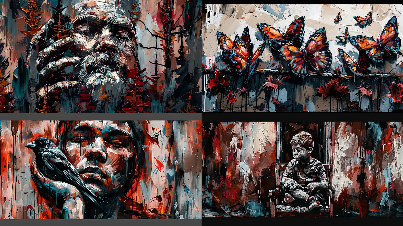 Dynamic Brushwork and Vivid Duality: A Fusion of Emotion and Abstraction - Midjourney sref style