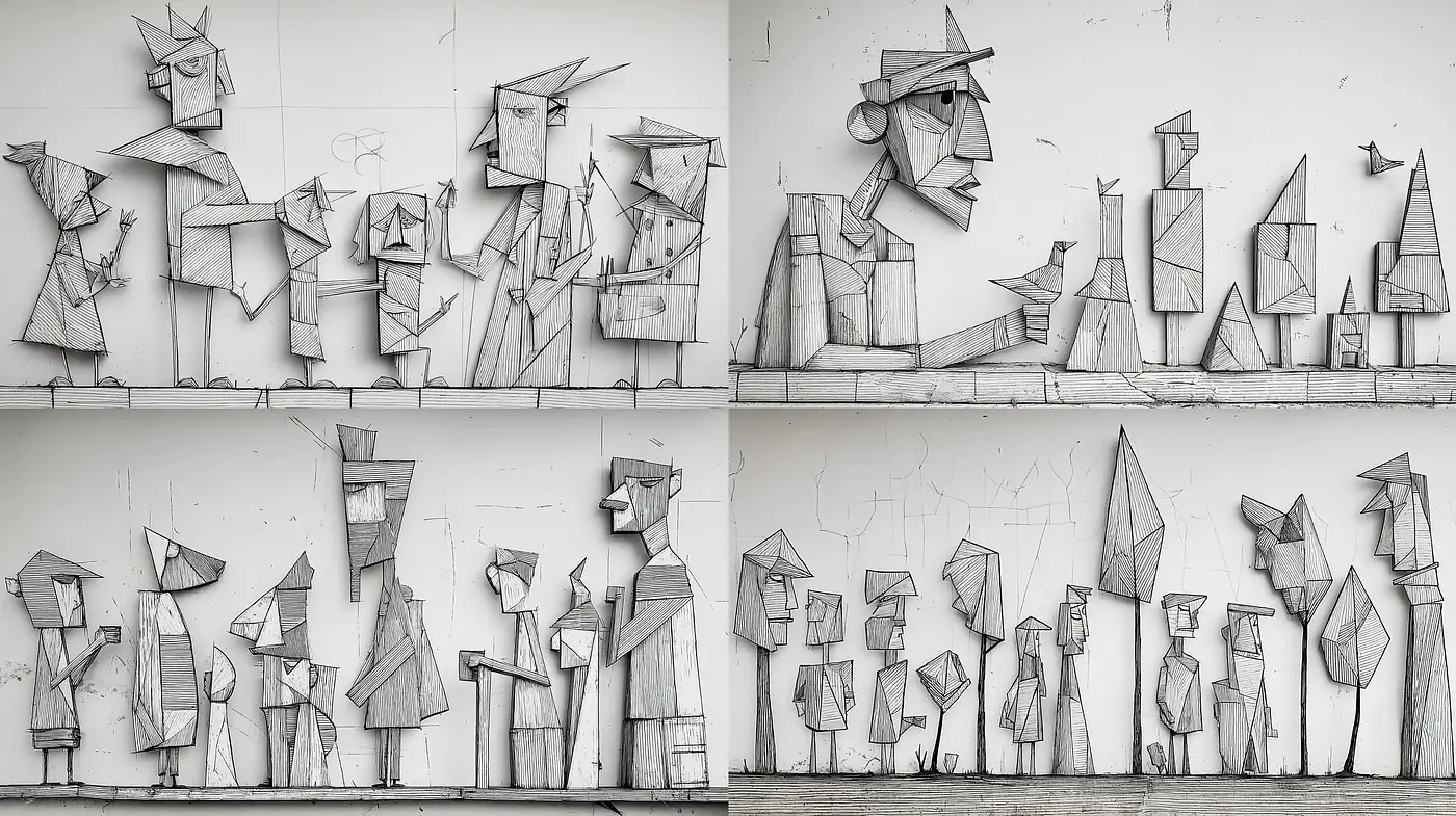 Distinctive Cubist-Inspired Stylistic Elements with a Monochromatic Palette - Midjourney sref style