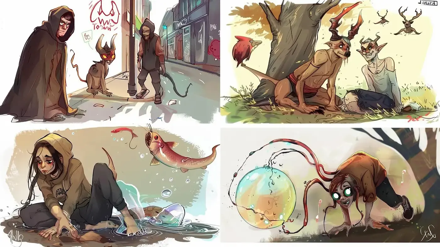 Whimsical and Mysterious Illustrations Blending Fantasy with Urban Elements - Midjourney sref style