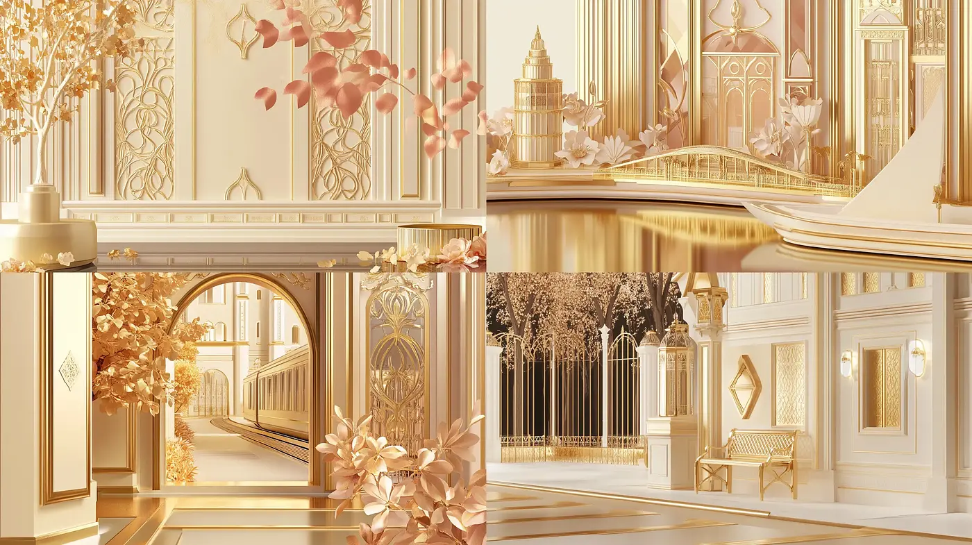 Golden Opulence: Consistent Luxury Across Imaginative Vistas - Midjourney sref style