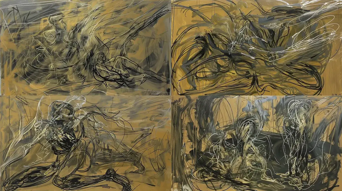Abstract Dynamism in Monochrome and Gold - Midjourney sref style