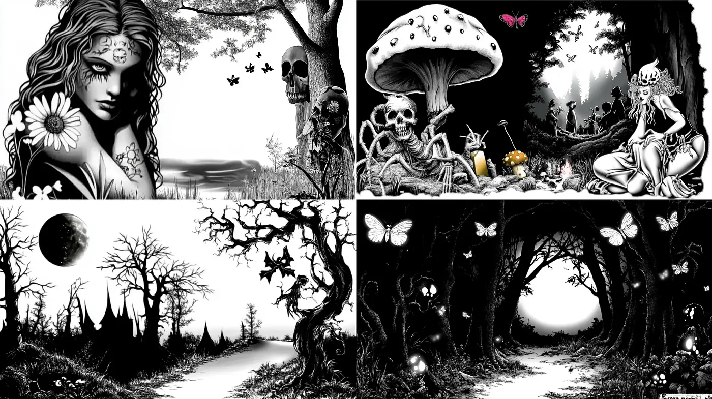 Monochromatic Enchanted Realms: A Fusion of Surrealism and Fantasy in Black and White - Midjourney sref style