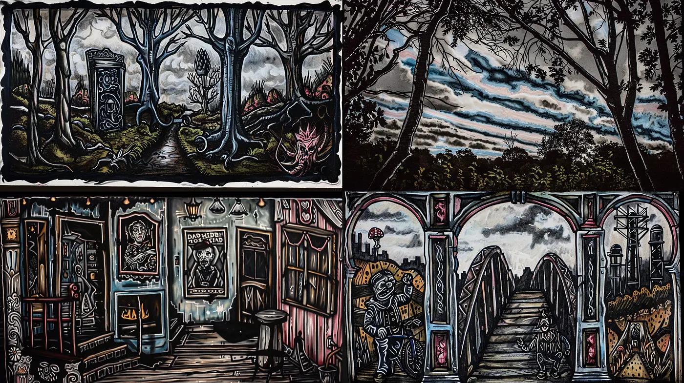 Gothic Whimsy in Stylized Noir: A Tribute to Tim Burton's Darkly Enchanting Aesthetics - Midjourney sref style