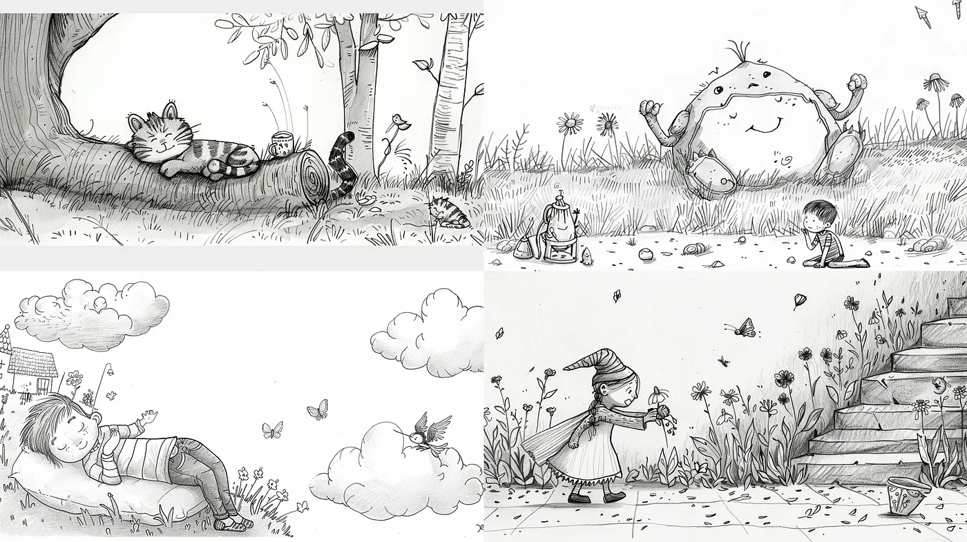 Monochrome Whimsy: Childhood Reverie in Pen and Ink - Midjourney sref style
