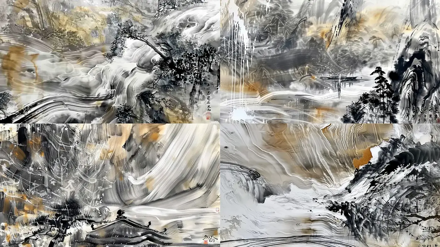 Cascading Harmony of Abstract Landscapes with Flowing Textures - Midjourney sref style