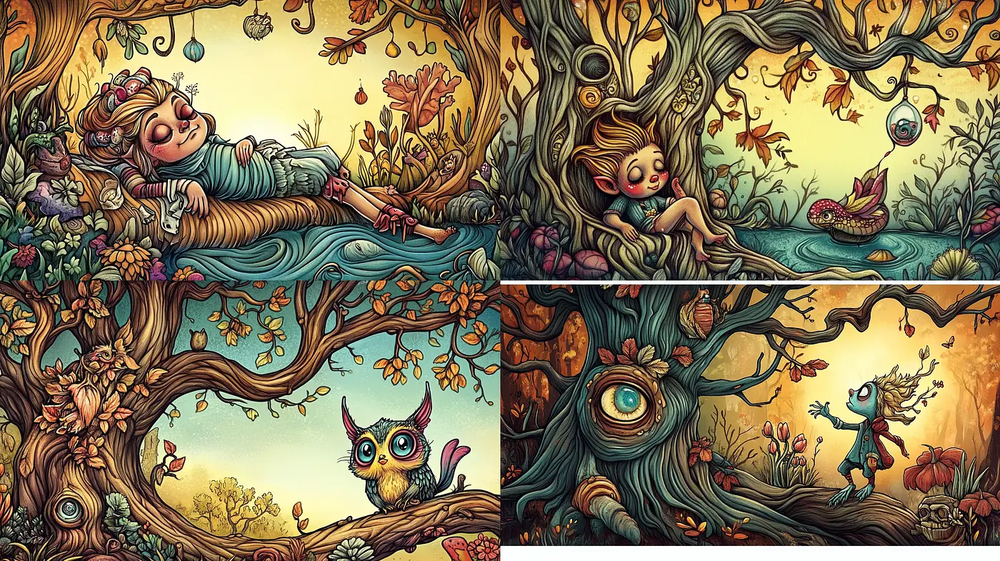 Enchanted Storybook Whimsy: A Harmony of Fantastical Nature and Playful Characters - Midjourney sref style